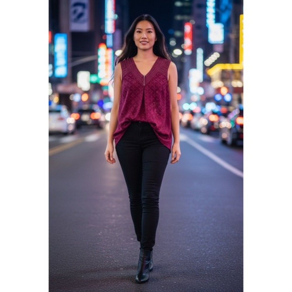 Valerie Stevens Velvet Burnout Top Women Medium Burgundy Excellent‎ Crochet Trim